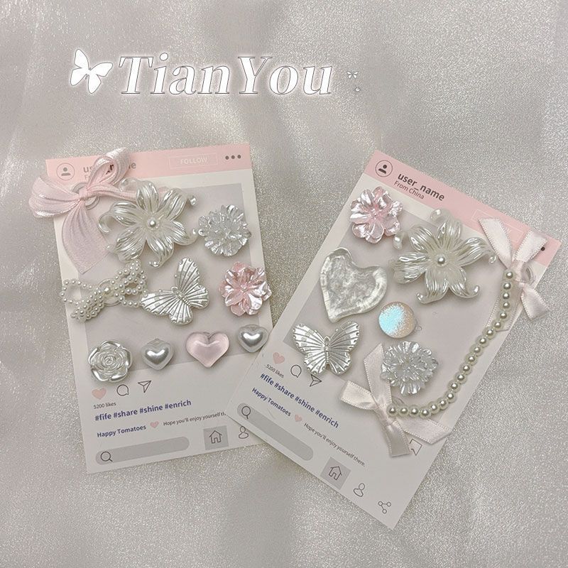 สีชมพูโปร่งใส Fairy Wind Hole รองเท้าอุปกรณ์เสริม Pearl Bow รองเท้าบัลเล่ต์ดอกไม้ High-End ที่ถอดออกได้ diy ตกแต่งรองเท้าหัวเข็มขัด
