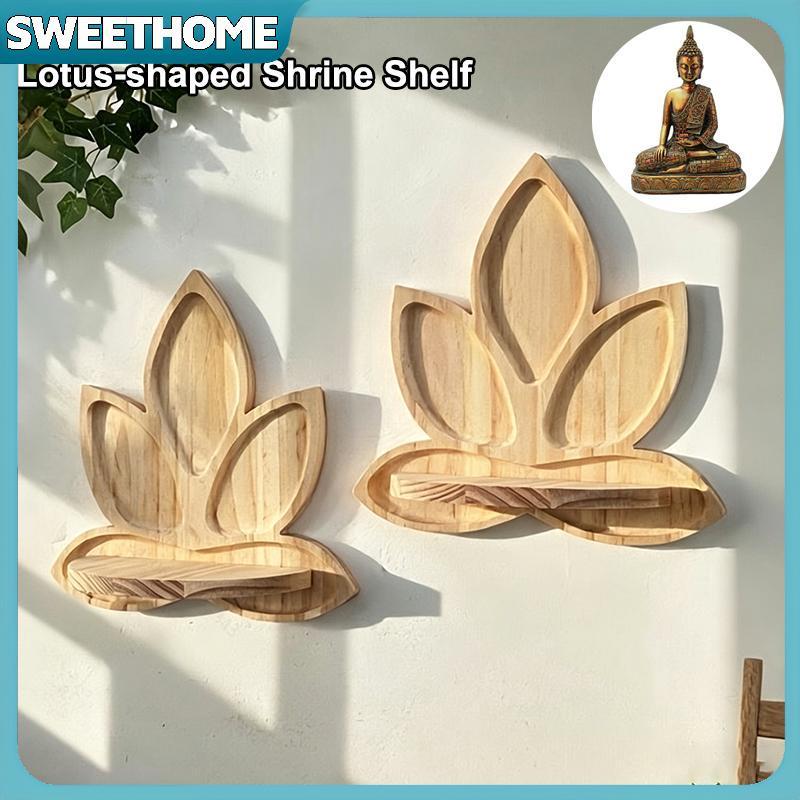 SWEETHOME ชั้นวางศาลไม้รูปดอกบัว 3 ชั้นแขวนผนังที่เก็บ Ra สําหรับ Spiritual Decor บ้านแท่นบูชา Organizer และจอแสดงผล
