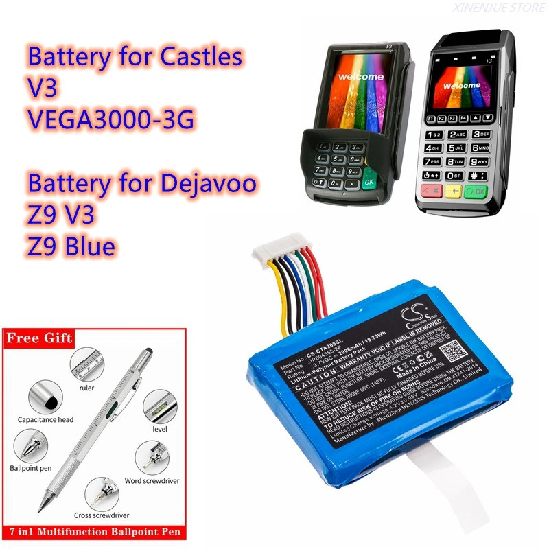 แบตเตอรี่ขั้วชําระเงิน 3.7V/2900mAh IP604355-2P สําหรับปราสาท V3,VEGA3000-3G,สําหรับ Dejavoo Z9,V3,Z