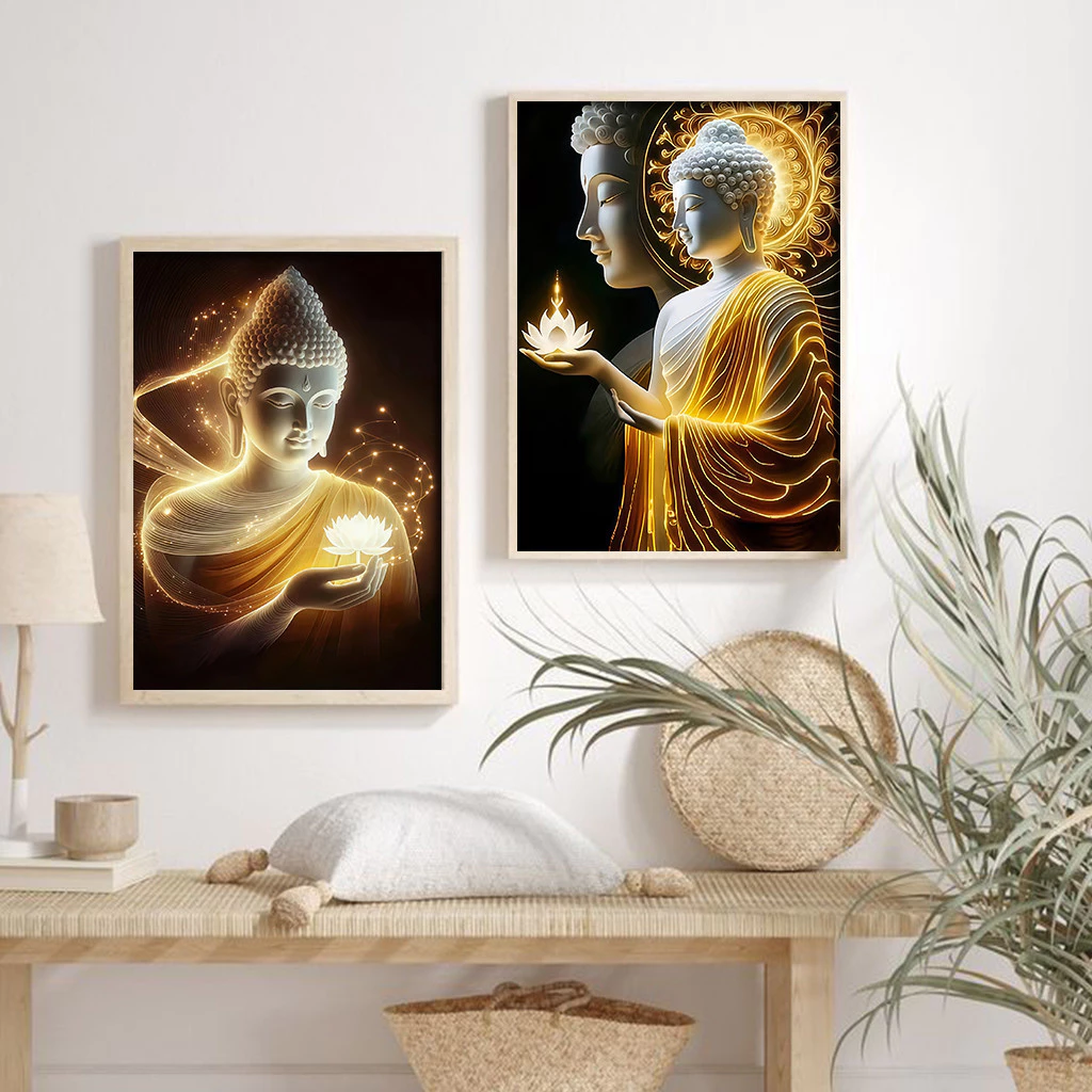 ภาพวาดติดผนังพระพุทธรูป ดอกบัวโมเดิร์น 3 ชิ้น ตกแต่งห้องนั่งเล่น-ห้องนอน แสดงความศรัทธาสวยงาม