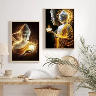 ภาพวาดติดผนังพระพุทธรูป ดอกบัวโมเดิร์น 3 ชิ้น ตกแต่งห้องนั่งเล่น-ห้องนอน แสดงความศรัทธาสวยงาม