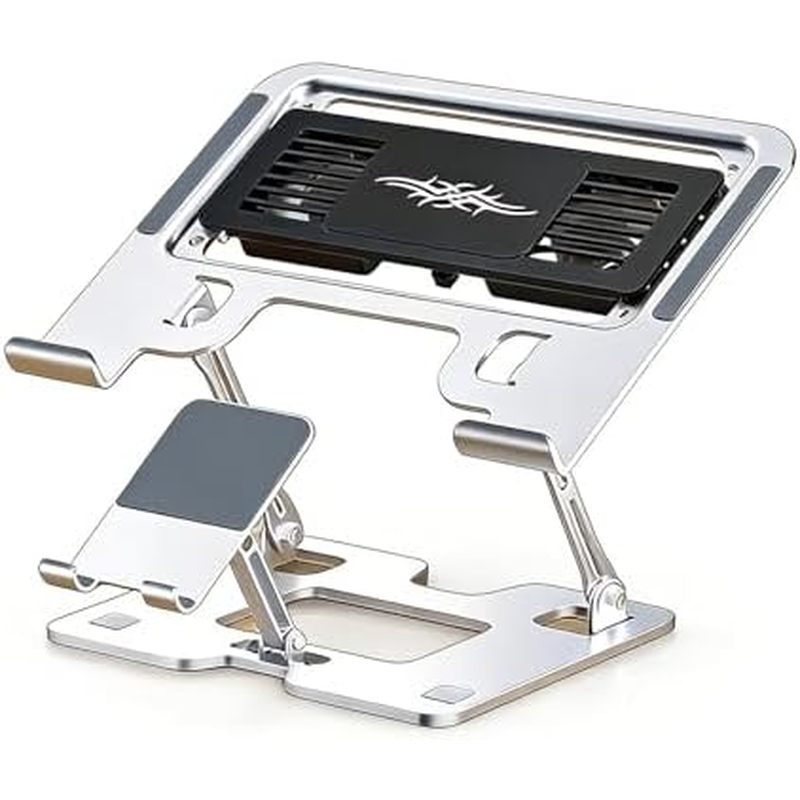 Laptop Phone 2-in-1 Cooling Bracket, Adjustable Laptop Stand with 2 Quiet Fans & RGB Lighting, Alumi