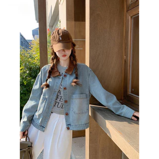 [Grojoy] (คลังสินค้าพร้อม) Retro Contrast Color Lapel Denim Jacket ผู้หญิงหลวม Slimmer ดูล้าง DENIM แจ็คเก็ตฤดูใบไม้ผลิฤดูใบไม้ร่วง All-Match Casual Jacket GRL155 #