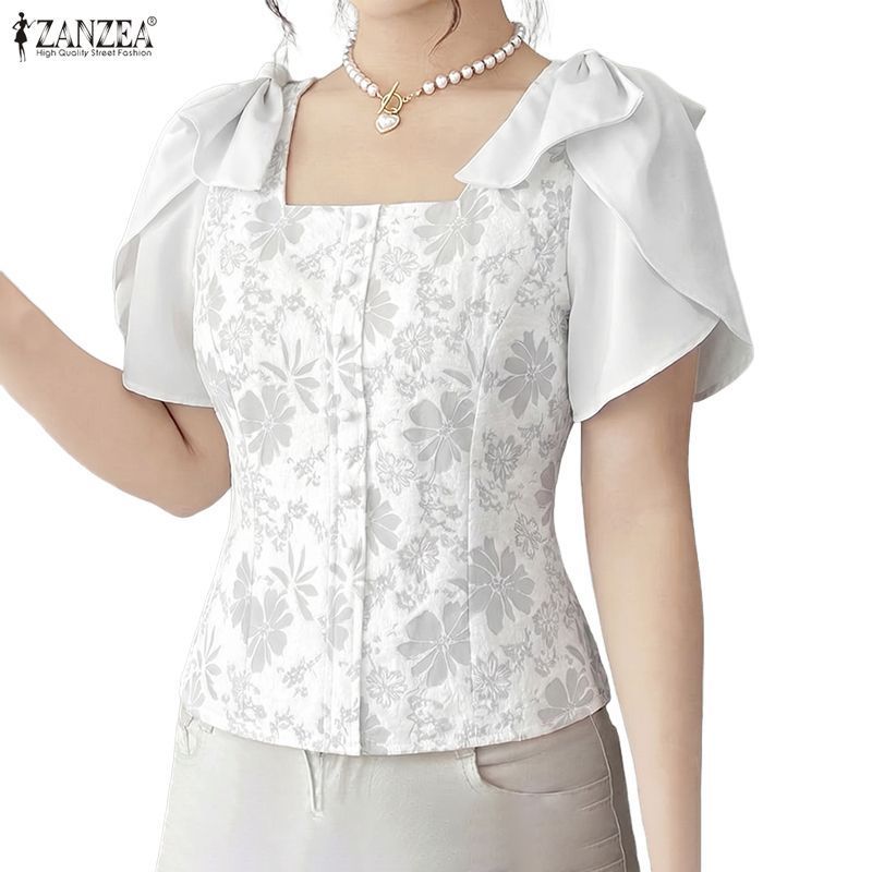 ZANZEA เสื้อกลีบแขนสั้นแบบเกาหลี ทรงสแควร์คอดีไซน์ทันสมัย กับซิปด้านข้างสำหรับผู้หญิง