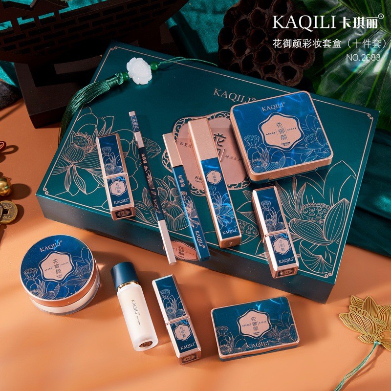 KAQILI KAQILI ดอกไม้ Royal Beauty ชุดแต่งหน้าลิปสติกอายไลเนอร์ Liquid คอนซีลเลอร์ Loose Powder มาสคา