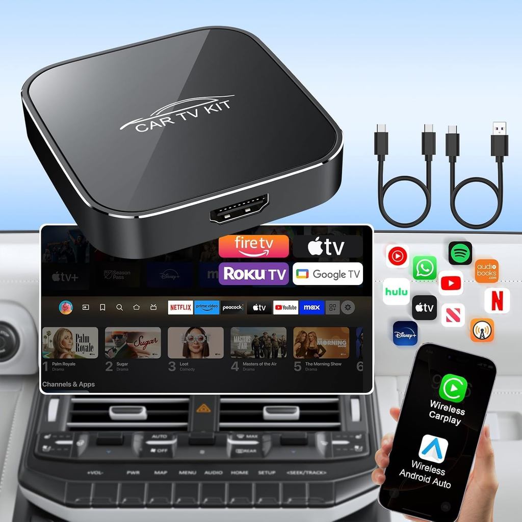 3 in 1 Car TV Mate Pro พร้อมอะแดปเตอร์ Carplay ไร้สายและอะแดปเตอร์อัตโนมัติ Android, HDMl มัลติมีเดี