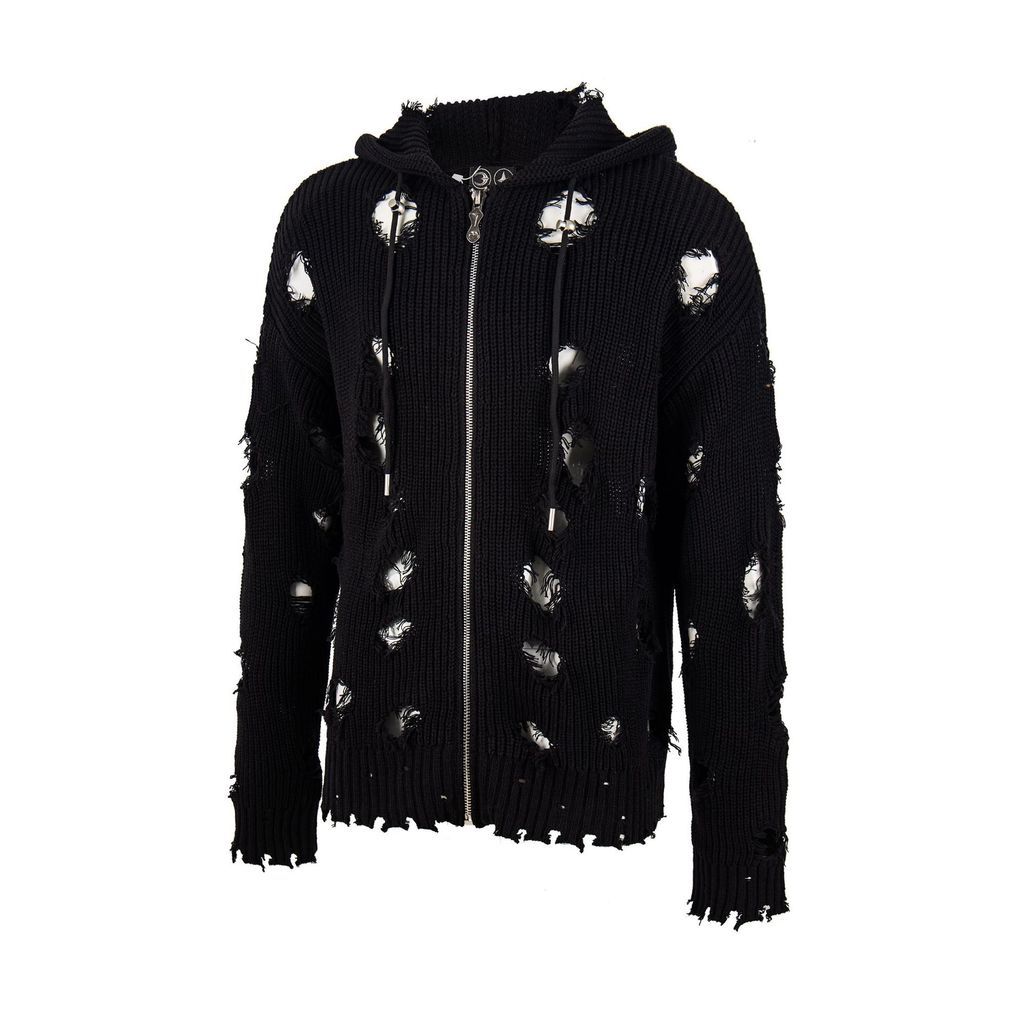THUG Washed Destruction Knit Zipper Sweater Jacket