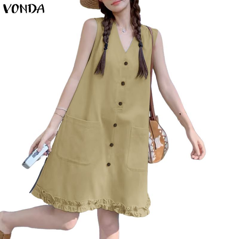 VONDA ชุดกระโปรงผู้หญิง สไตล์เกาหลี Casual V คอด้านเดียว มีการประดับที่ขอบอกและตัดแบบ A-line