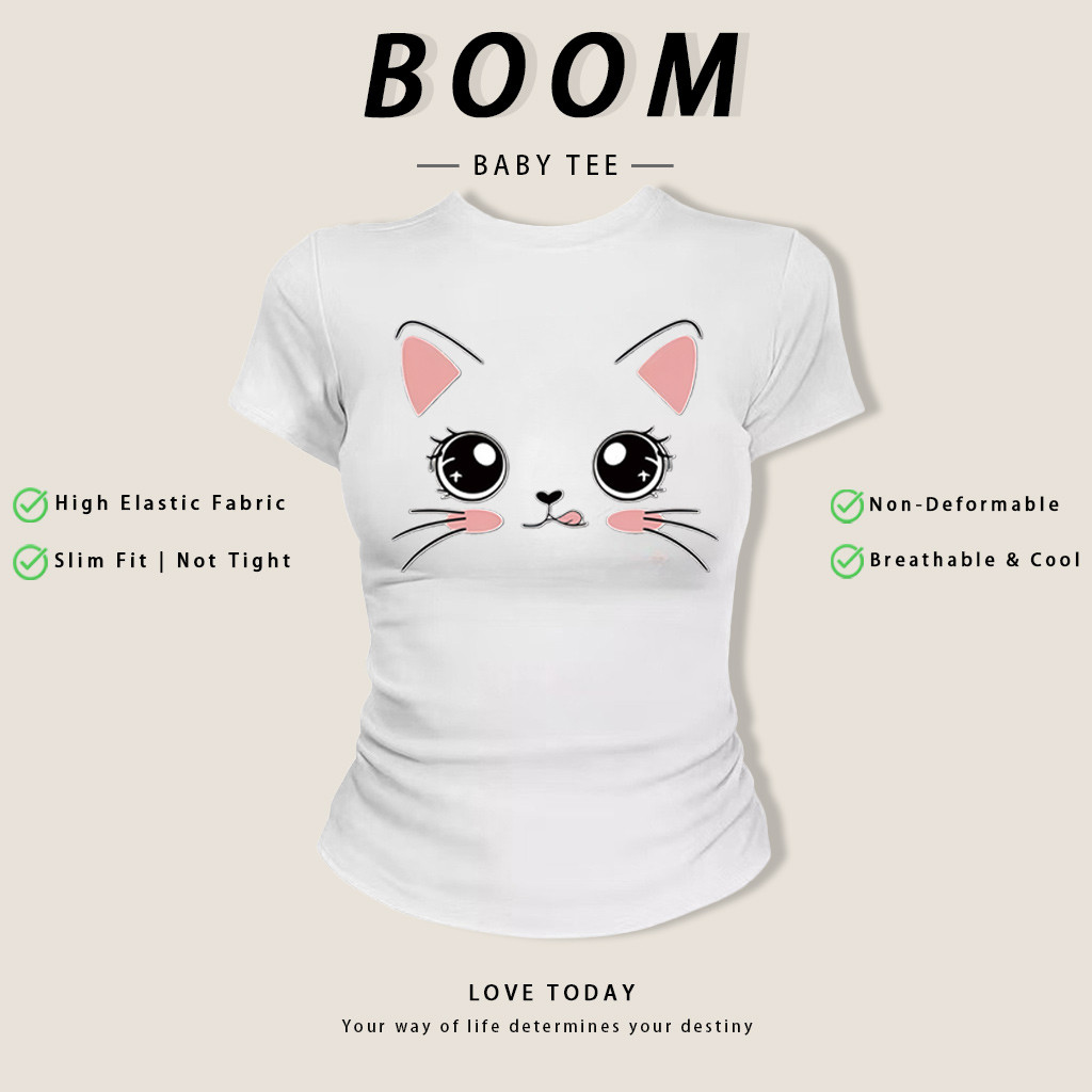 เสื้อยืด baby tee ลายแมวน่ารักสีขาว ทรงกระชับสวย ผ้ายืดหยุ่นสูง ไม่รัดตัว ระบายอากาศดี ใส่สบายไม่ร้อน แฟชั่นเกิร์ลฮิตๆ