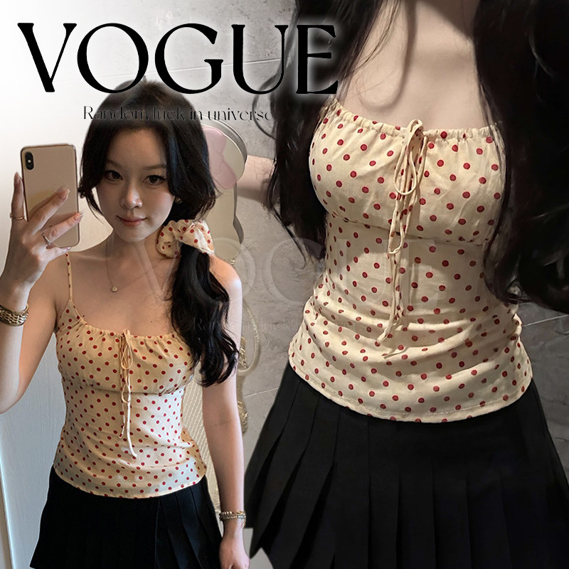 Vogue พร้อมส่ง เสื้อสายเดี่ยว ลายจุดผูกโบว์ แถมยางรัดผมเข้ากัน ใส่ไปเที่ยวคาเฟ่ (FY8304)