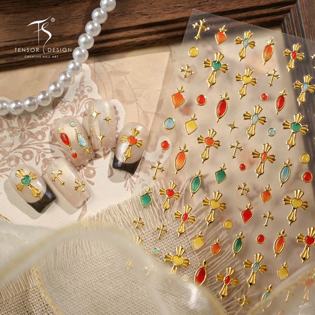 Shanghai Moji Light Luxury Gilt Cross Nails Sticker M1388 Retro Crow Heart Gem Nail Sticker
