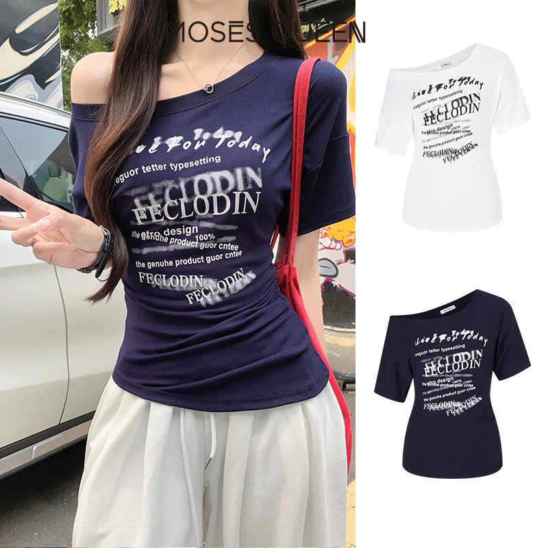 MOSESQUEEN สไตล์เกาหลี เสื้อยืดแขนสั้นลายไหล่เฉียง สำหรับผู้หญิง ทรงกระชับเอว #63649