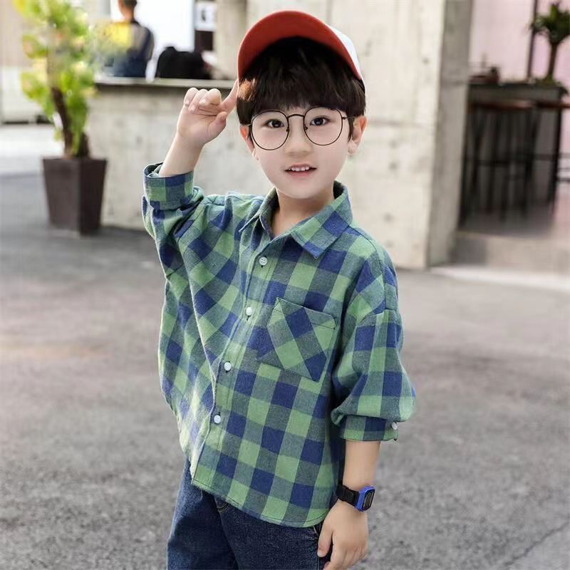 เด็กชายแขนยาวเสื้อลายสก๊อตเด็กผ้าฝ้ายสบายๆแฟชั่นอินเทรนด์แจ็คเก็ตคาร์ดิแกน