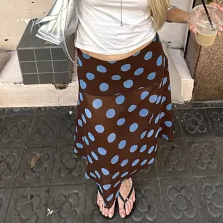 Dahong 99410 กระโปรงยาวผ้าพริ้ว ดีเทลลายจุด แฟชั่นผู้หญิงใหม่ Contrast สี Polka Dots ไม่สม่ําเสมอตาข่ายดูผ่านกระโปรงยาว
