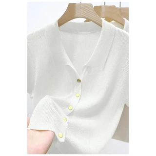 ฤดูร้อนใหม่ผู้หญิงนุ่มสีทึบสบายๆโปโลคอปกแขนสั้นด้านบน 260428