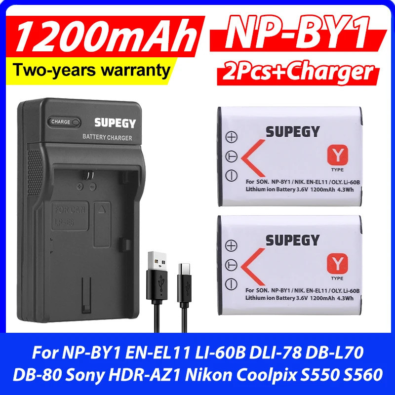 2Pcs NP-BY1 NP BY1 Battery + Charger for NP-BY1 EN-EL11 LI-60B DLI-78 DB-L70 DB-80 Sony HDR-AZ1 Niko
