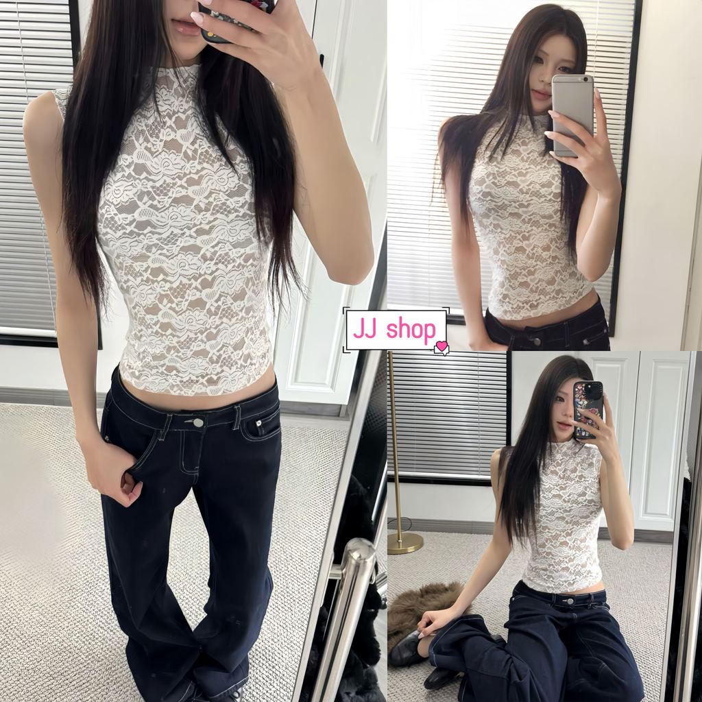 JJ Shop​💜พร้อมส่ง เสื้อกล้ามผู้หญิงผ้าลูกไม้ไม่มีแขนโชว์ไหล่ คอสูง กระชับ ทำให้ดูผอม สีพื้น-FY1235