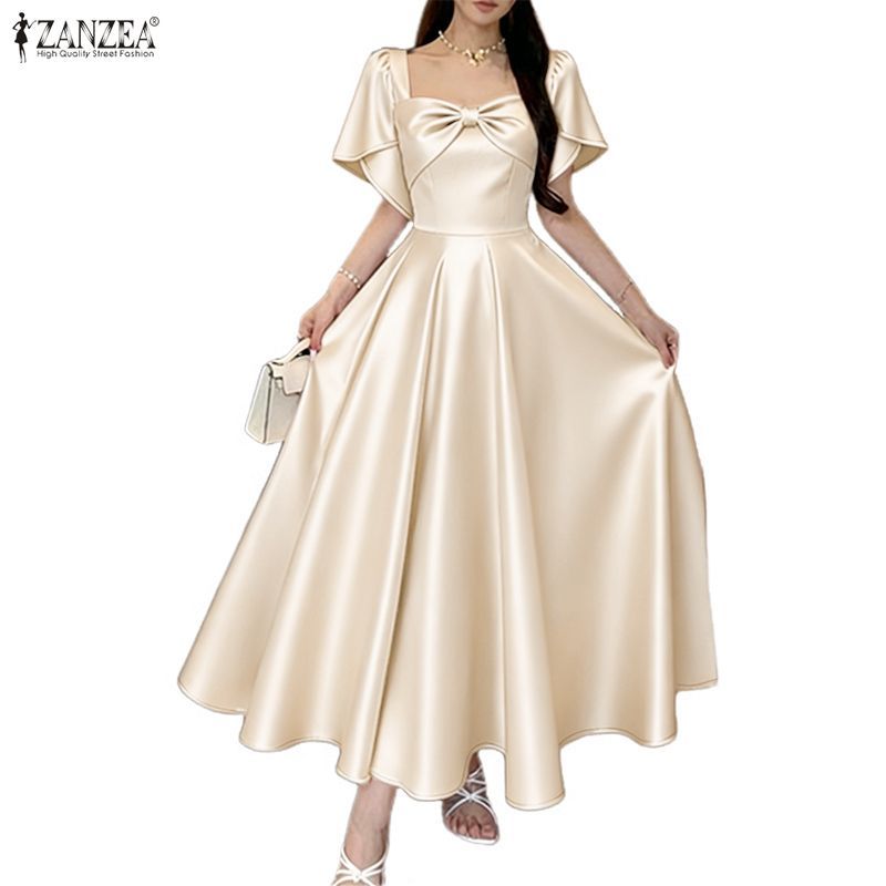ZANZEA ผู้หญิงเกาหลีชุดราตรีอย่างเป็นทางการสแควร์คอกลีบแขน Bowknot Design A-Swing Dresses — صورة 6