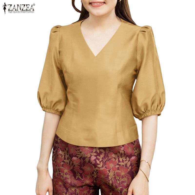 ZANZEA ผู้หญิงเกาหลี Elegant V คอโคมไฟซาตินติดตั้งด้านข้างซิปเสื้อ
