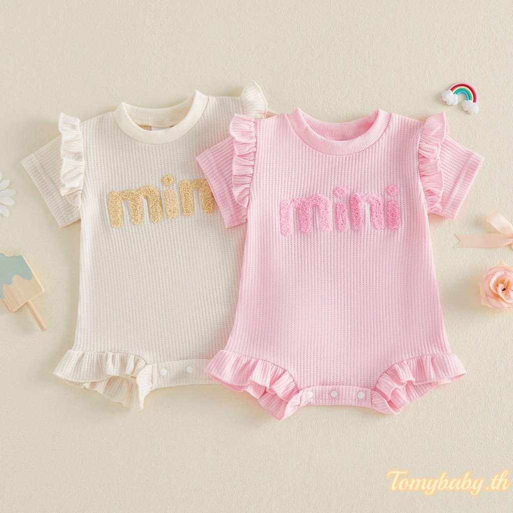 ToMY- เด็กทารกฤดูร้อน Romper ตัวอักษรปัก Ruffled Trim ลูกเรือคอแขนสั้น Jumpsuit
