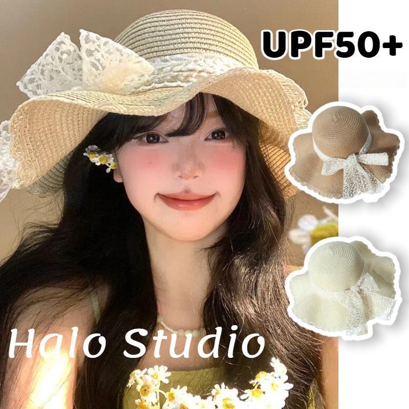 Halo studio พร้อมส่ง 🔥หมวกสานประดับโบว์ลูกไม้สำหรับไปเที่ยวทะเล ขอบหยัก