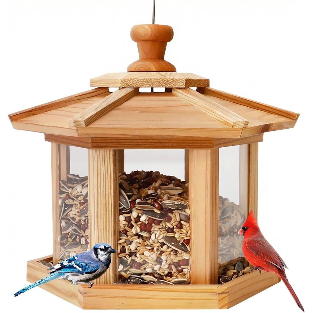 Solution4Patio Bird Feeder สําหรับกลางแจ้ง - USA Cedar Hexagon Gazebo Bird Feeders พร้อมถาดตาข่าย Ve