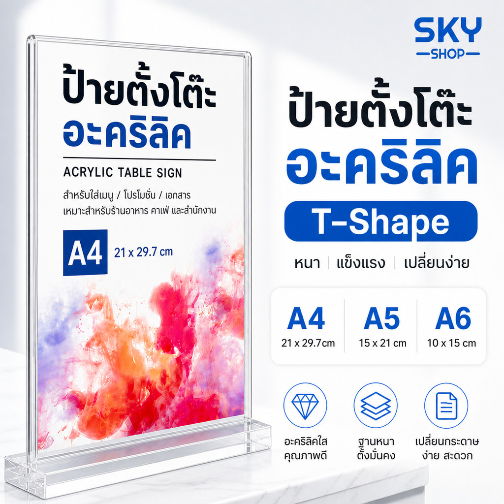 SKY ป้ายตั้งโต๊ะอะคริลิค T-Shape A4 A5 A6 หนา 2mm แนวตั้ง ป้ายเมนู ป้ายโฆษณา ป้ายโชว์เอกสาร ที่ใส่โบรชัวร์ Acrylic Sign