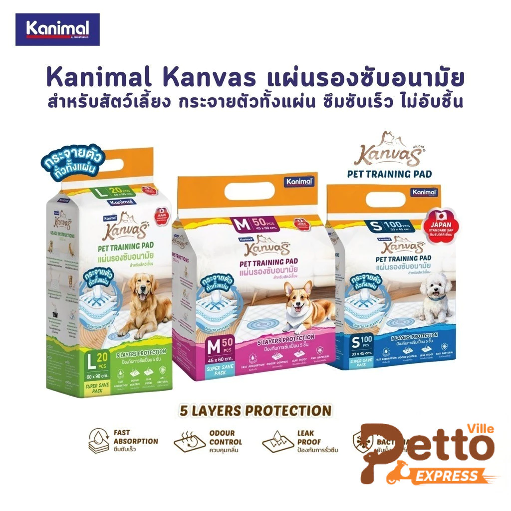 Kanimal Kanvas คานิมอล แผ่นรองซับ สำหรับสัตว์เลี้ยง ซึมซับ 5 ชั้น ไม่ระคายเคือง ล็อกของเหลว ควบคุมกลิ่น Size S/M/L
