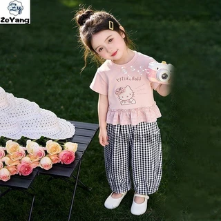 [ZY] 80-130 พร้อมสต็อกเด็กเสื้อยืดแขนสั้นลําลองสีชมพู Ruffled ลายสก๊อต T หญิงน่ารัก Bottoming เสื้อการ์ตูน All-Match Top เสื้อผ้าเด็กแฟชั่น Fast Shipping