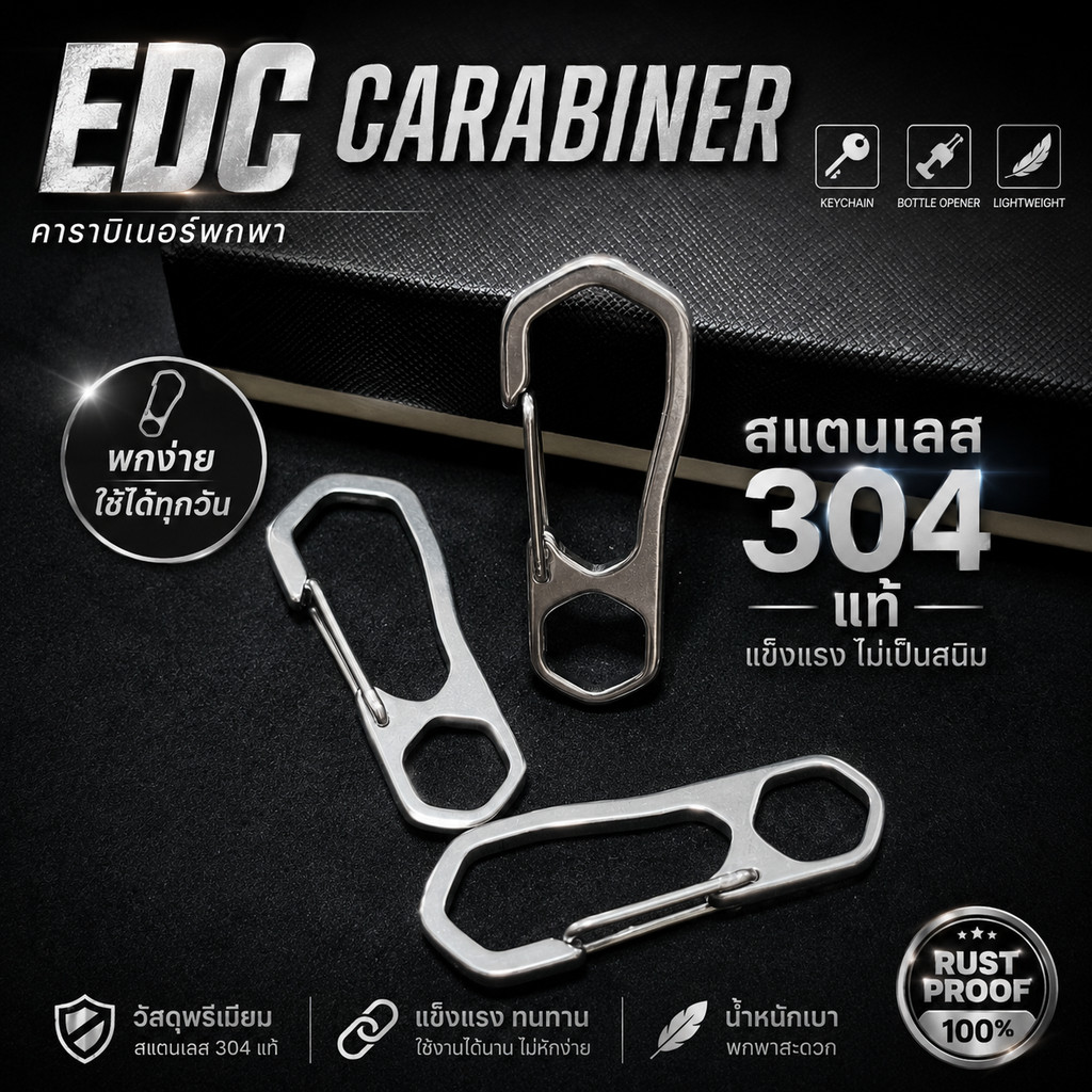 พวงกุญแจคาราบิเนอร์ สแตนเลส 304 แท้ ขนาดเล็ก สำหรับกุญแจและอุปกรณ์ EDC แข็งแรง ไม่เป็นสนิม ดีไซน์มินิมอล