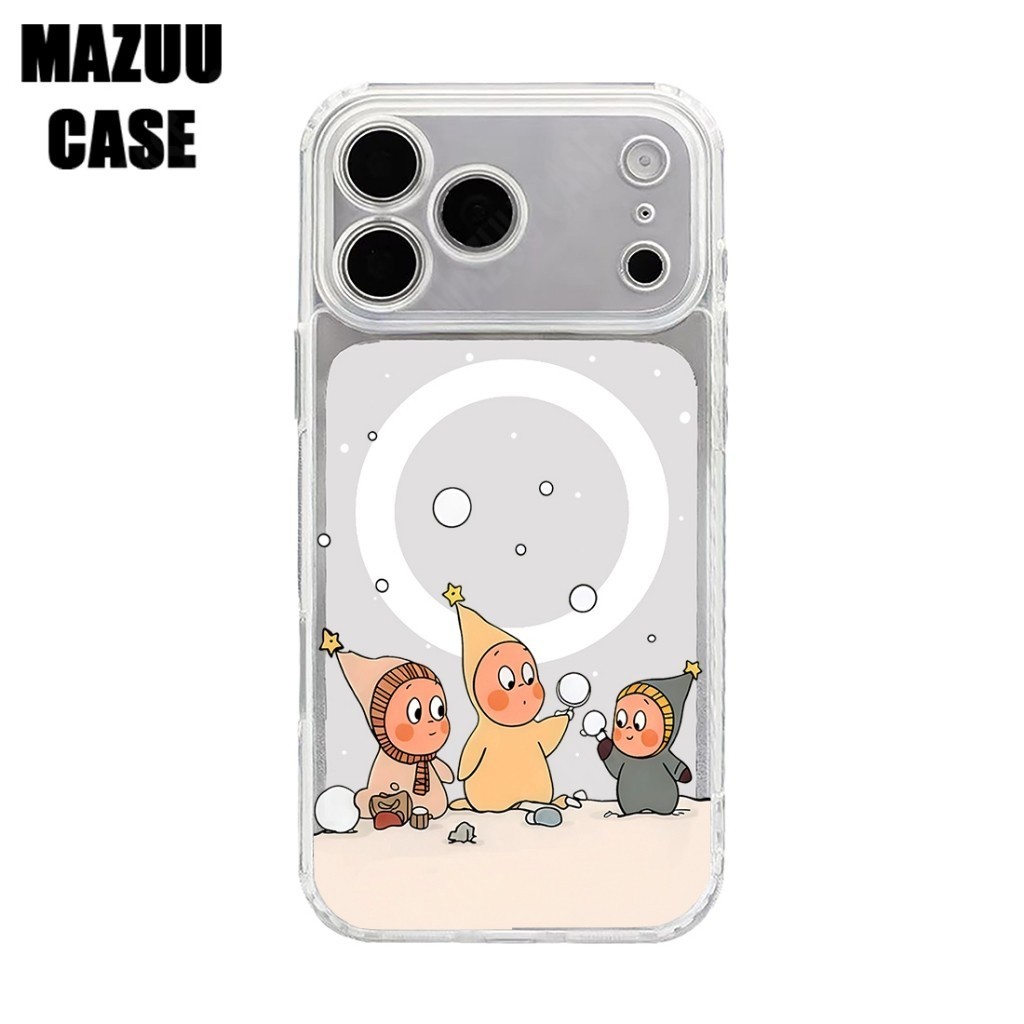 เคสไอโฟน TPU ใส แม่เหล็ก ปกป้องเลนส์กล้องเต็มรูปแบบ ลายตัวการ์ตูนฤดูหนาวกับหิมะ สำหรับ iPhone 17 16 15 14 13 12 11 Pro M