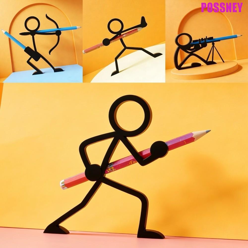 POSSNEY 3D พิมพ์ดินสอ,พลาสติก Desktop Decor Stickman นักรบผู้ถือปากกา,อินเทรนด์ของเล่นรุ่น Creative Multi-function 3D สีดําตลกปากกาเครื่องประดับเครื่องเขียนของขวัญ