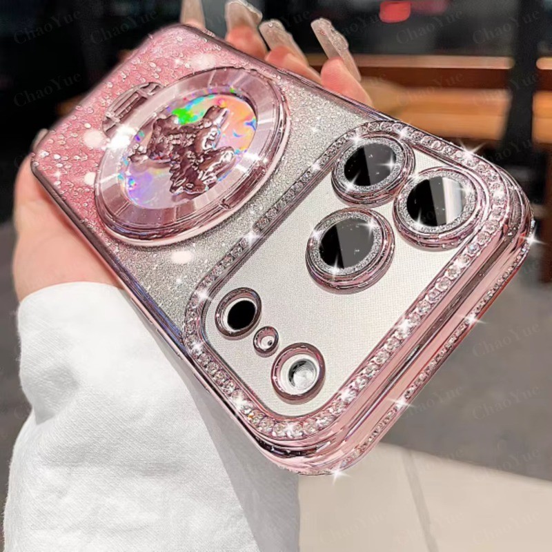 เพชรเงาใสพร้อมขาตั้งรูปม้าเคสโทรศัพท์แม่เหล็กสําหรับ ไอโฟน 17 16 15 14 13 12 11 มือโปร สูงสุด เคสกันกระแทกฝาหลังพร้อมเคลือบรวมเลนส์กล้องฟิล์มป