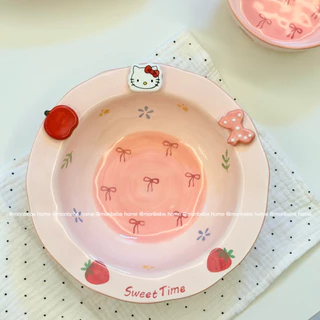 จานขนม เซรามิค insลายโบว์🎀kittyแอปเปิ้ล🍎 พร้อมส่ง