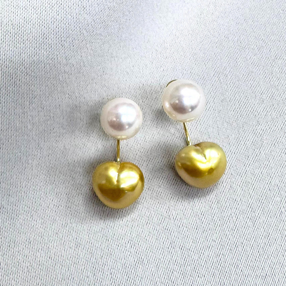 South Sea Heart-Shaped Golden Pearl Ear Jacket with Akoya Earring - 18K Solid Gold 0.7g (8-10mm)
