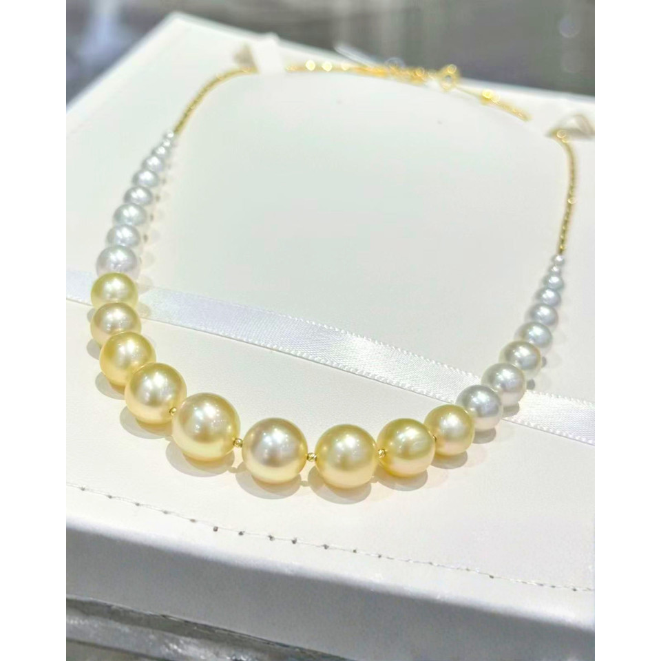 4A South Sea Golden Philippines & Akoya Round Necklace in 18K Gold - Graduated Akoya 3.5-8mm to Sout