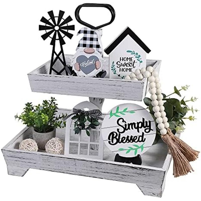 Farmhouse Tiered ถาดตกแต่งชุดชั้นถาด Decoions เครื่องประดับสีดําและสีขาวไม้บ้าน Sweet Home ป้ายสําหร