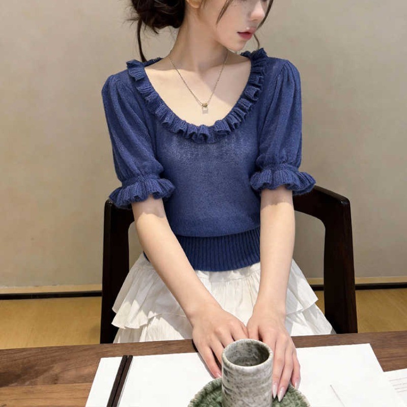เสื้อถักนิตติ้งบางแขนสั้น เหมาะสำหรับฤดูร้อน