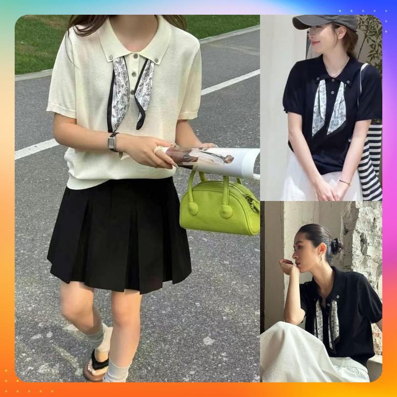[P490] เสื้อสเวตเตอร์ถักผู้หญิง Montoghi หรูหราและน่ารักพร้อมคอปกและผ้าพันคอ 2 ปุ่มพร้อม LOGO - PnG