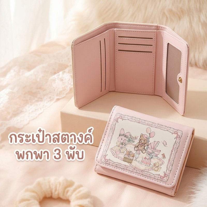 กระเป๋าสตางค์การ์ตูน กระเป๋าตังค์ผู้หญิง กระเป๋าสตางค์3พับ หนังPU กันน้ำ ใส่บัตร ลายหมี กระต่าย