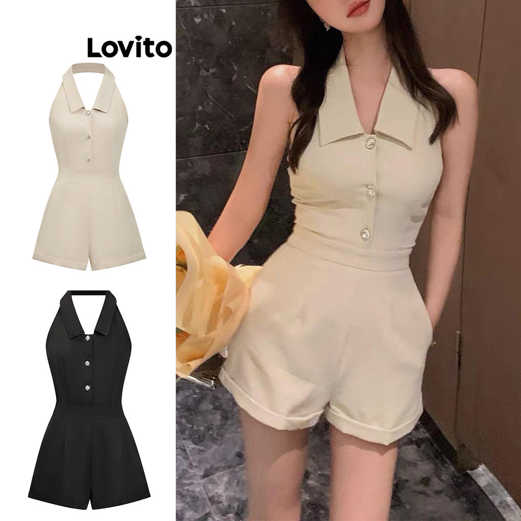 Lovito จั๊มสูทขายาวเรียบจีบหรูหราสำหรับฤดูร้อน/ฤดูใบไม้ผลิสำหรับผู้หญิง รุ่น L80ed470 (หลากสี)