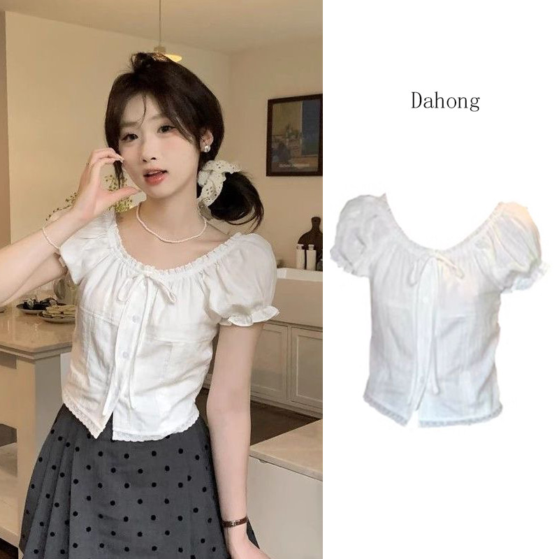 Dahong w722 แขนสั้น เสื้อเชิ้ต เวอร์ชั่นเกาหลี สีทึบ ขอบลูกไม้ เปิดไหล่ แขนสั้น เสื้อเชิ้ต สไตล์หวาน สไตล์ใหม่