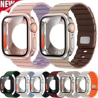 หน้าจอ + สายซิลิโคนสําหรับ Apple Watch Series 11 10 42 46 มม.สําหรับ Iwatch 9 8 7 45 41 มม.S6 S5 S4 44 มม.40 มม.แม่เหล็กอุปกรณ์ป้องกัน
