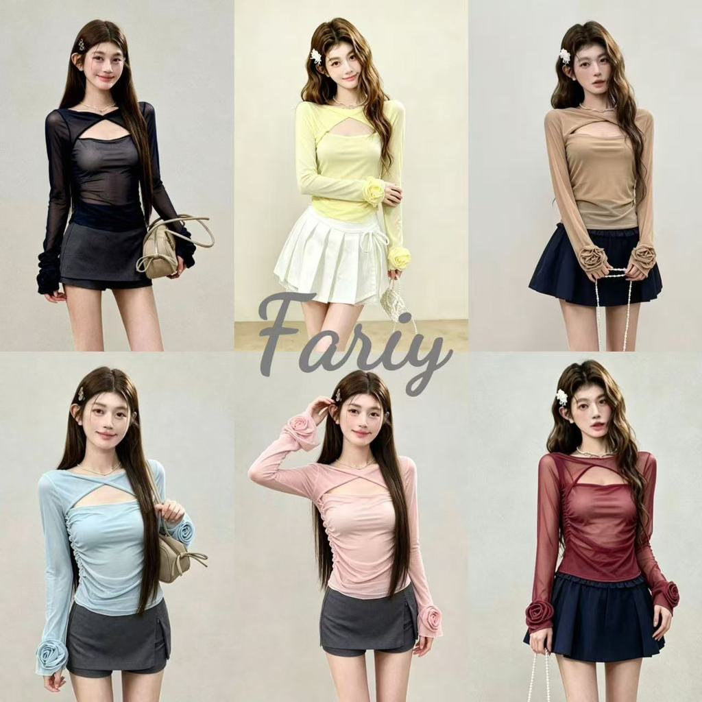 Fariy🍒คลังสินค้าพร้อม🍒 เสื้อยืดแขนยาวเข้ารูปสำหรับผู้หญิง ดีไซน์ผูกปมและเจาะรู แบบใหม่ล่าสุดสำหรับฤดูใบไม้ผลิปี 2026 เหมาะสำหรับใส่เป็นเสื้อชั้นใน