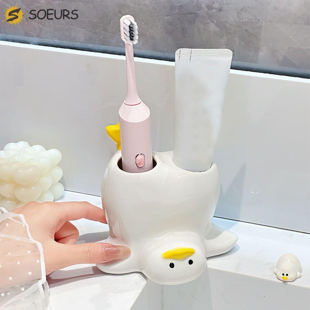SOEURS ที่วางแปรงสีฟันเป็ดคว่ํา,ที่วางแปรงสีฟันไฟฟ้ากันน้ําสร้างสรรค์,มินิกันลื่นประหยัดพื้นที่แบบพกพาน่ารักที่วางแปรงสีฟันตกแต่งบ้าน