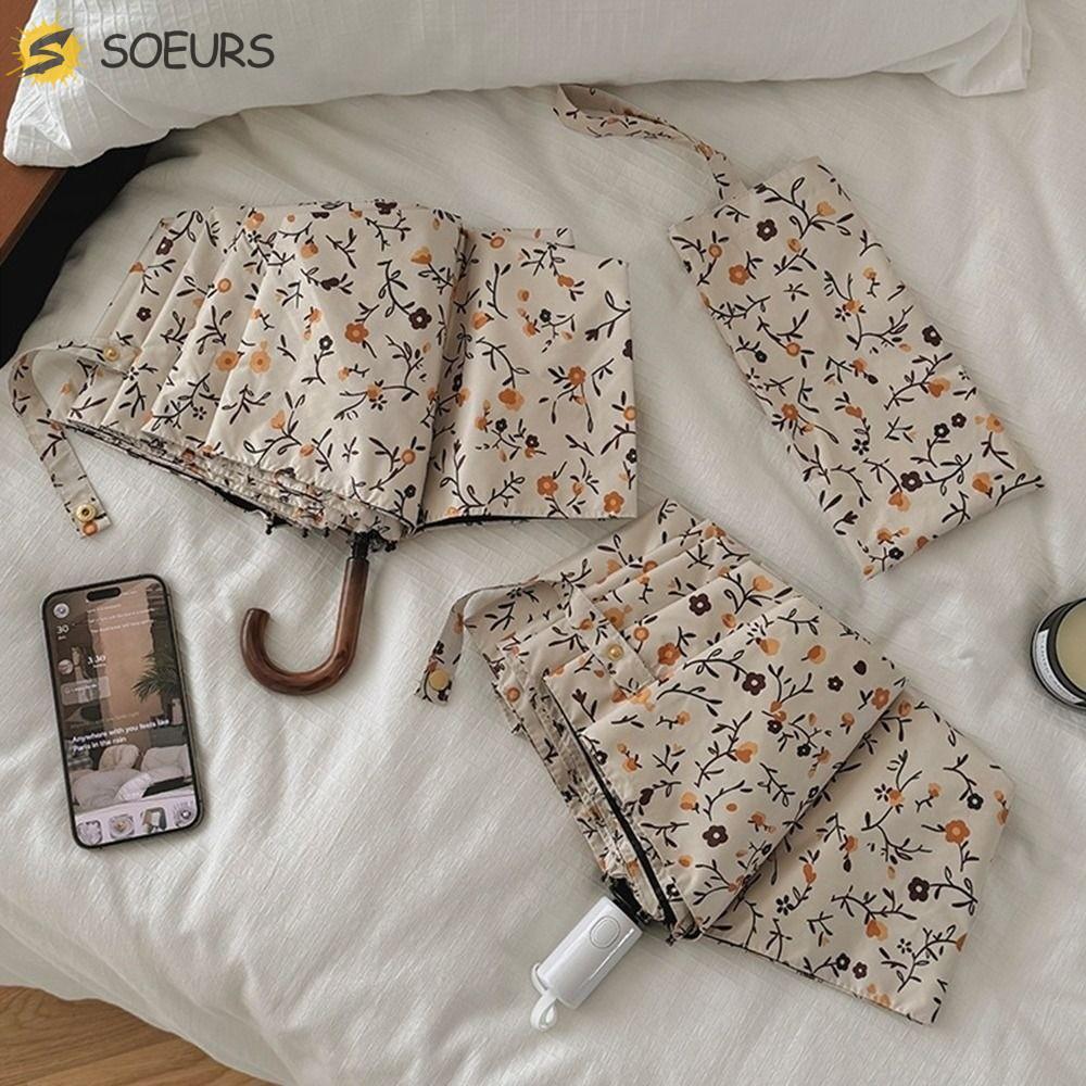 SOEURS ร่มพับกันฝนอัตโนมัติ/คู่มือร่มบังแดดป้องกันรังสียูวีน่ารักจับโค้งลายดอกไม้วินเทจร่มกันแดดแบบพกพาสาวของขวัญ