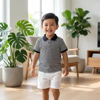 [Cotton Life]ชุดเด็กผู้ชาย เสื้อโปโลลายริ้วแขนสั้น + กางเกงขาสั้น 2 ชิ้น ผ้าฝ้ายนุ่ม ฤดูร้อน ใส่สบาย