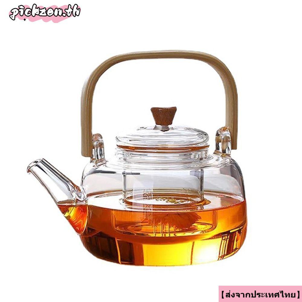 จัดส่งจากประเทศไทยPICKZEN กาน้ําชา, 1000ml พร้อมกาน้ําชาแก้วกรอง, ความจุขนาดใหญ่ด้ามไม้เครื่องชงชาโฮมออฟฟิศ