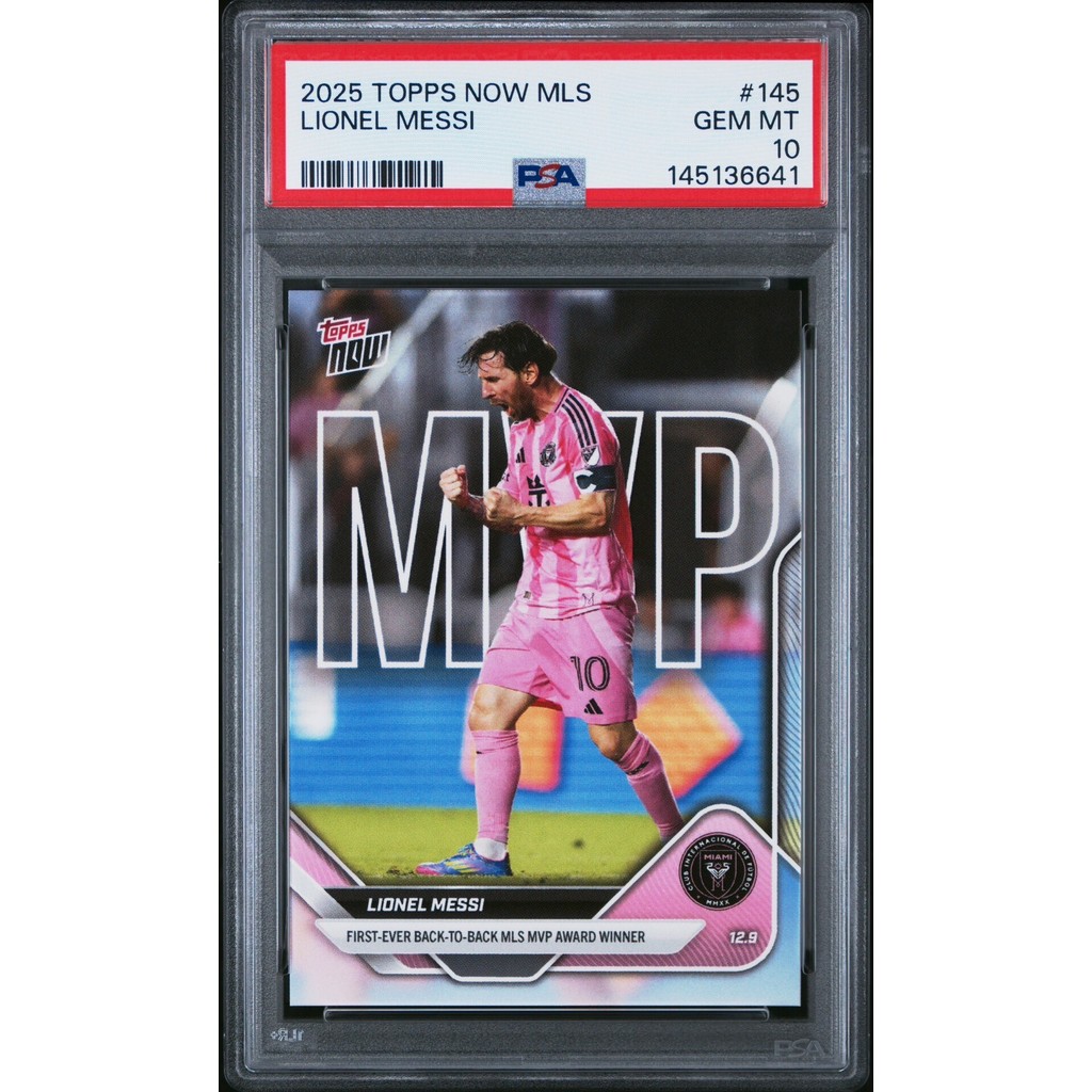 [] 2025 Topps Now Lionel Messi MVP Winner MLS หนึ่งต่อเนื่องสองปีในประวัติศาสตร์เพื่อรับปกติ MVP Mia