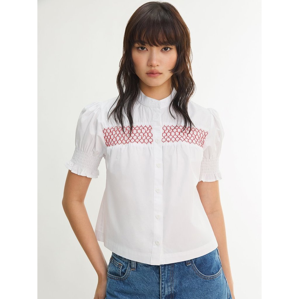 [Pomelo] เสื้อเชิ้ตแขนพองจีบย่นติดกระดุม / Smocked Puff Sleeve Button Blouse